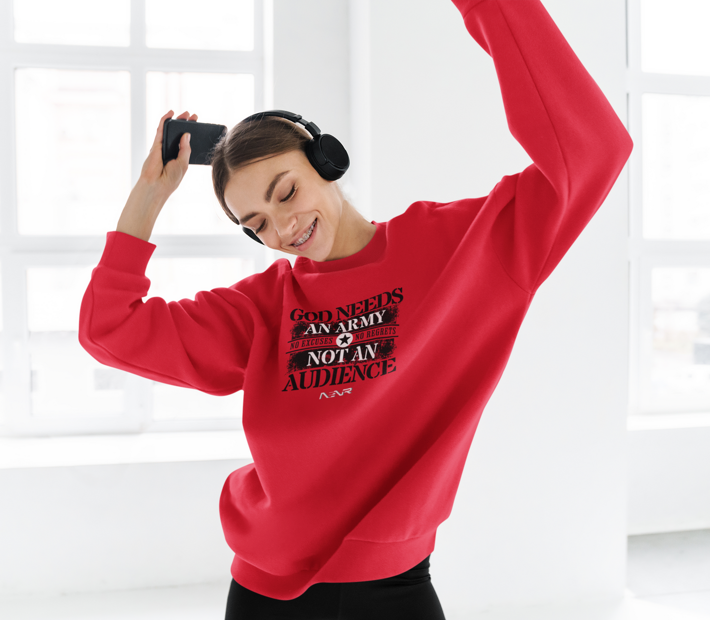 No Excuses No Regrets ~ God neeeds an army not an audience crew neck sweatshirt